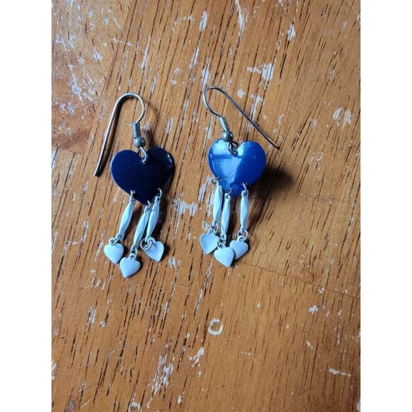 Vintage Metal Blue White Heart Drop Earrings - Picture 1 of 4